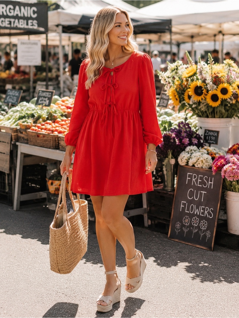 Zessica Red Midi Dress with Tie Front